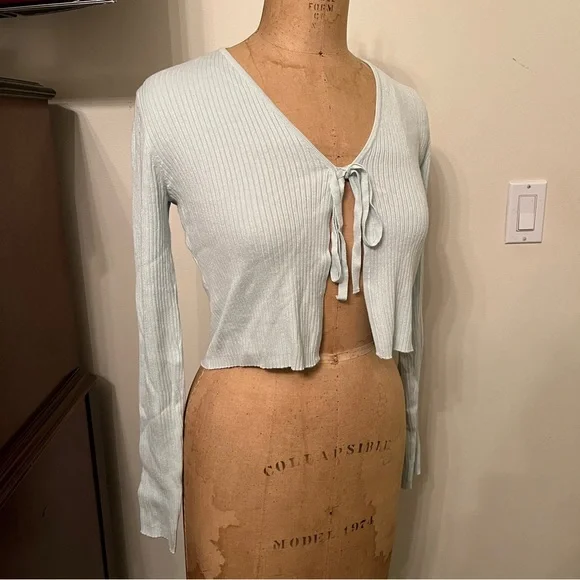 Garage Fly Away Open Tie Front Ribbed Cardigan Sweater Top - Picture 4 of 7